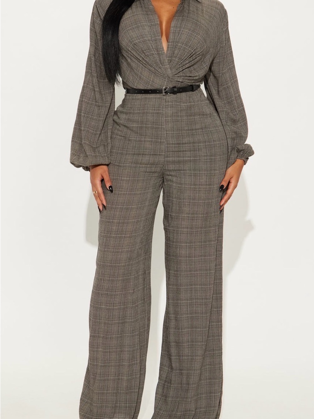 Fashion Nova Plaid Wide-Leg Belted Jumpsuit - Gray Multi